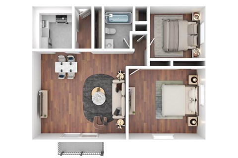 Floor plan for 2 beds, 1 bath, 977 sqft